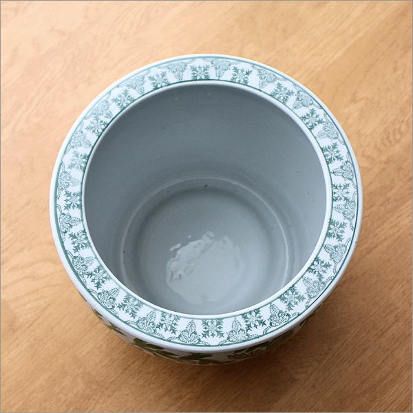 陶器の火鉢 緑花鳥 S(3)