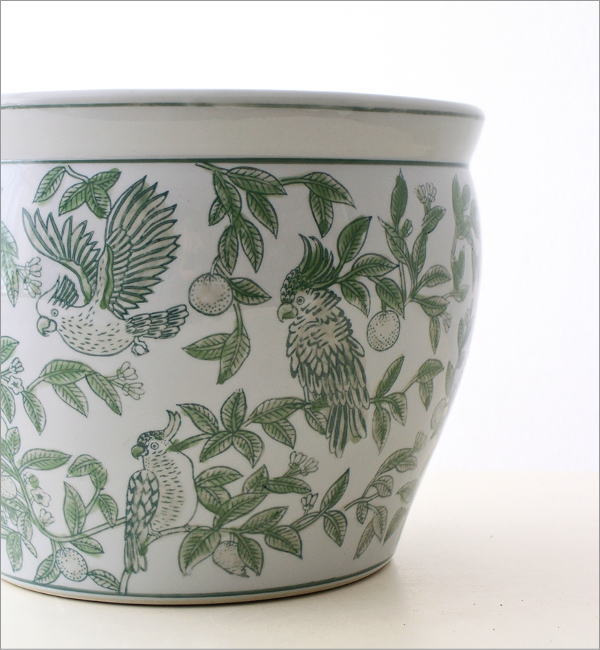 陶器の火鉢 緑花鳥 S(5)