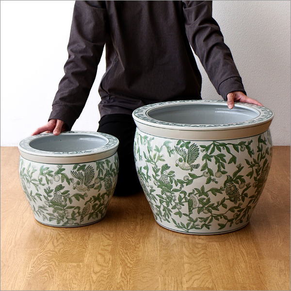 陶器の火鉢 緑花鳥 S(7)