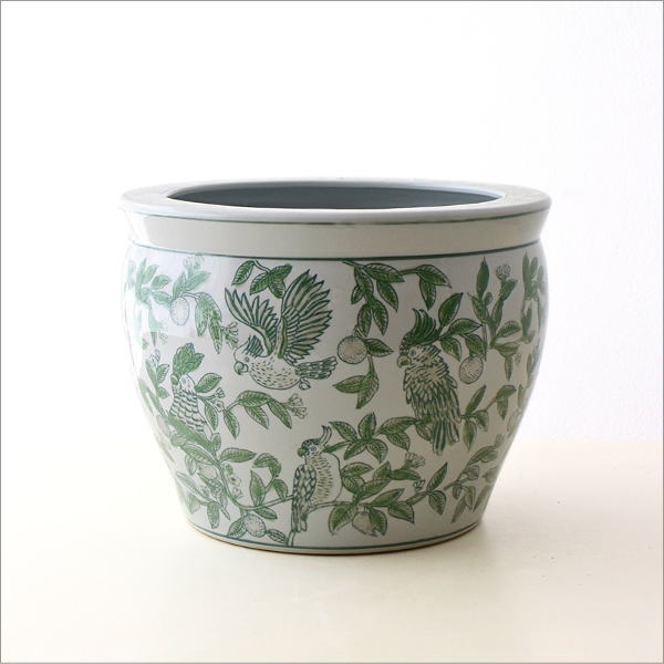 陶器の火鉢 緑花鳥 S(8)