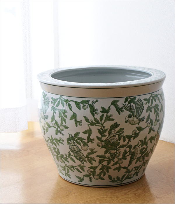 陶器の火鉢 緑花鳥 L(1)