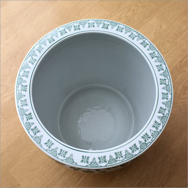 陶器の火鉢 緑花鳥 L(3)