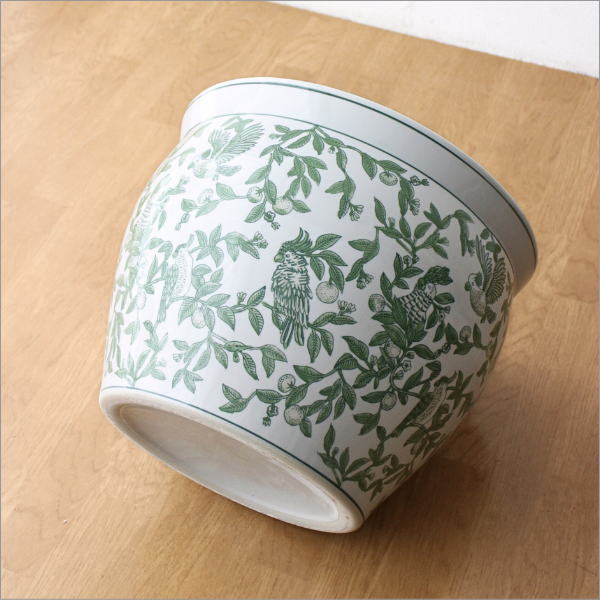 陶器の火鉢 緑花鳥 L(6)