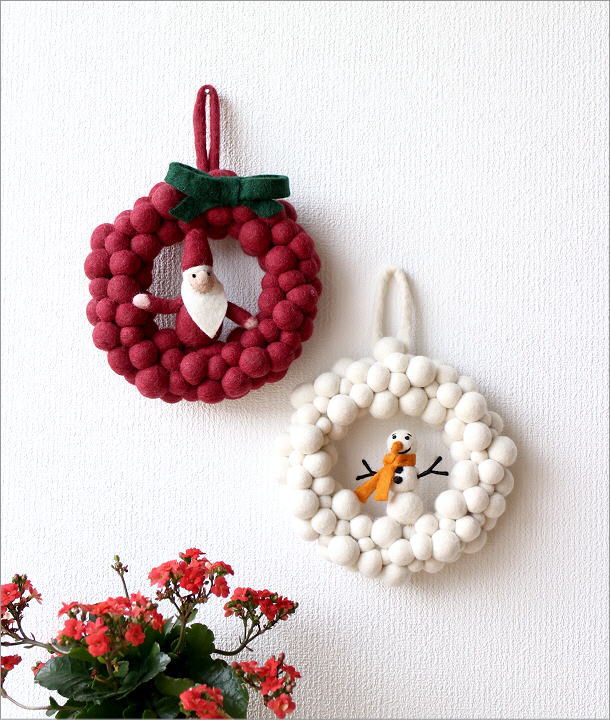 羊毛フェルトのSnowball wreath 2カラー(1)