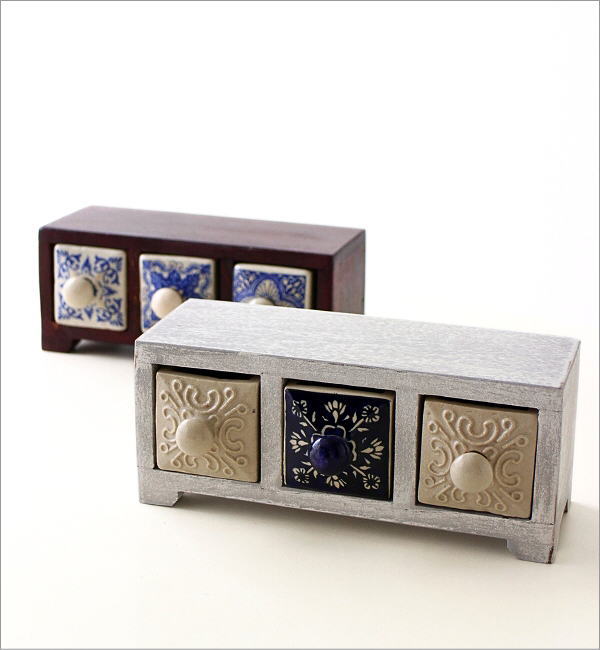 陶器の引き出しミニチェスト3個 ブルー＆ホワイト2タイプ(1)