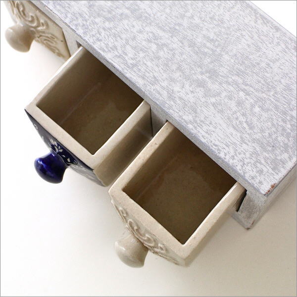 陶器の引き出しミニチェスト3個 ブルー＆ホワイト2タイプ(2)