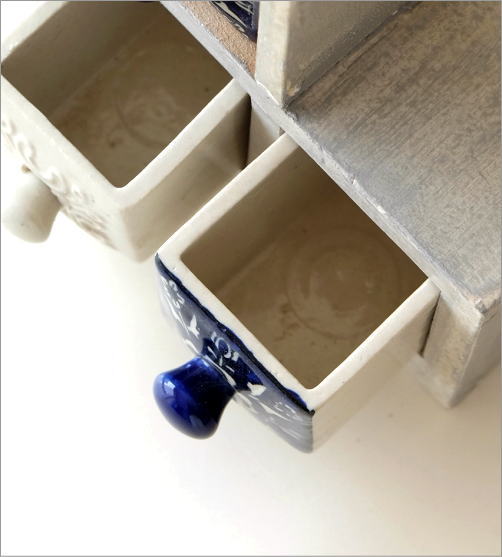 陶器の引き出しミニチェストステア3個 ブルー＆ホワイト2タイプ(2)