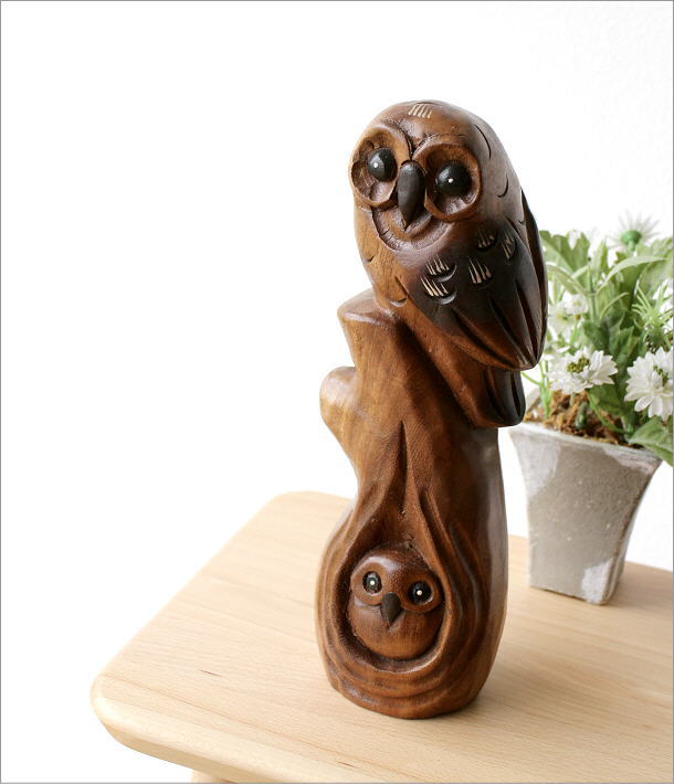 木彫りの置物 親子フクロウ(1)