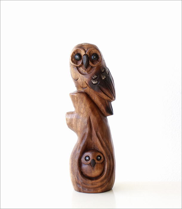 木彫りの置物 親子フクロウ(5)