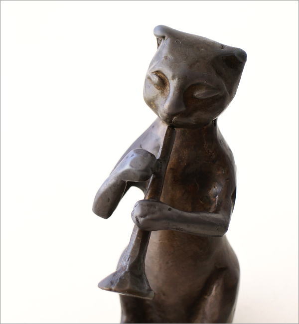 猫 置物 オブジェ トランペット 猫雑貨 真鍮 ブロンズ仕上げ レトロ