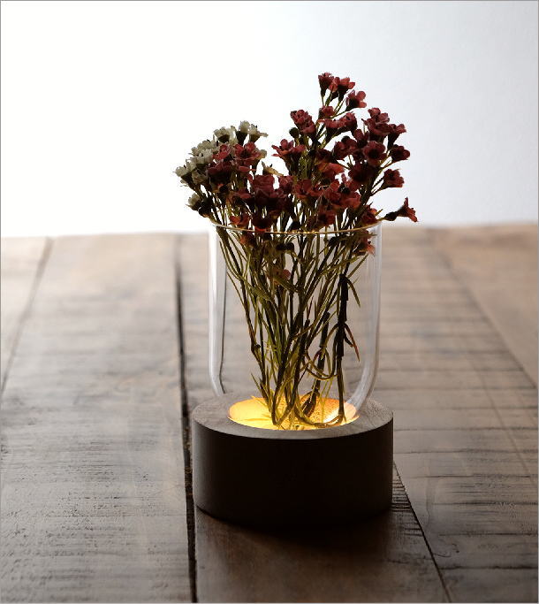 花瓶 おしゃれ ガラス フラワーベース LED ライト 透明 クリア スタイリッシュ モダン シンプル LED付きガラススタンドベース C  [toy5192]