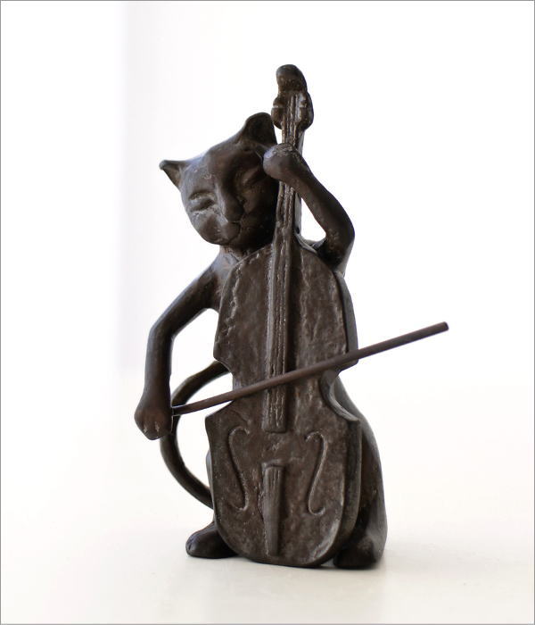 猫 置物 オブジェ チェロ 猫雑貨 真鍮 ブロンズ仕上げ レトロ