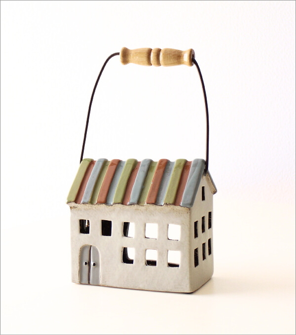陶器のメルヘンハウス ハンドル付きキャンドルハウス A(4)