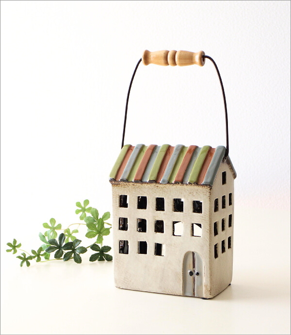 陶器のメルヘンハウス ハンドル付きキャンドルハウス B(1)