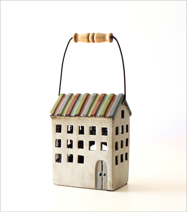 陶器のメルヘンハウス ハンドル付きキャンドルハウス B(4)