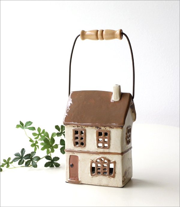 陶器のメルヘンハウス ハンドル付きキャンドルハウス D(1)