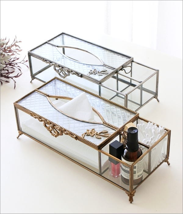 新品 ガラスと金属のティッシュボックス ティッシュケース 収納付き おしゃれ クリア 透明 ふた付き 脚付き