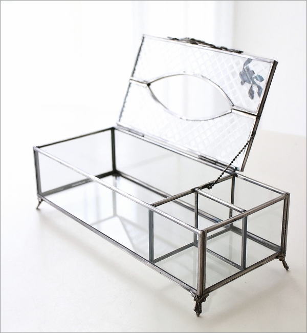 ティッシュケース 収納付き おしゃれ クリア 透明 ふた付き 脚付き