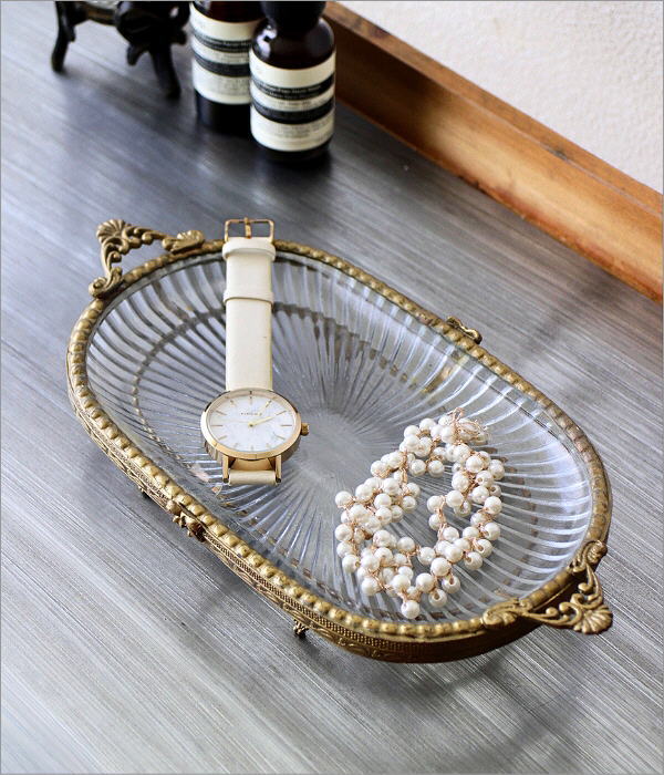 トレー 小物入れ コンポート 真鍮 ガラス シルバー 84321DS-SV アクセサリートレイ ガラス 真鍮 アンティーク おしゃれ 脚付き