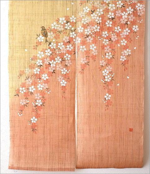 のれん おしゃれ 麻 和風 手染め麻のれん 桜に四十雀 [wlj5559] | ギギ
