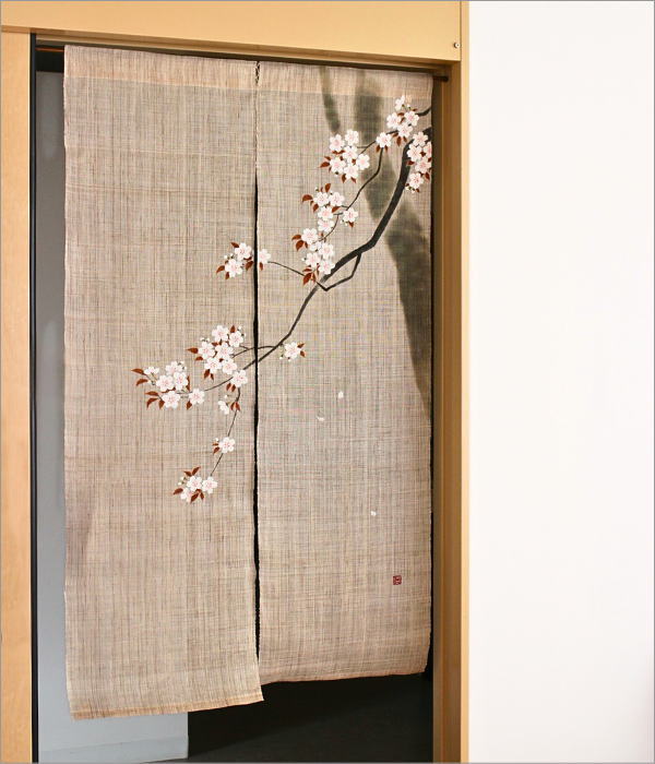 本麻 手染めのれん「墨描き桜」 [wlj9057] | ギギliving
