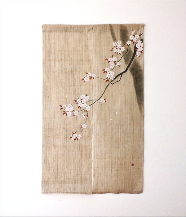 本麻 手染めのれん「墨描き桜」 [wlj9057] | ギギliving
